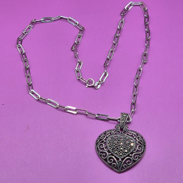 Sterling Silver Marcasite Filagree Heart Necklace