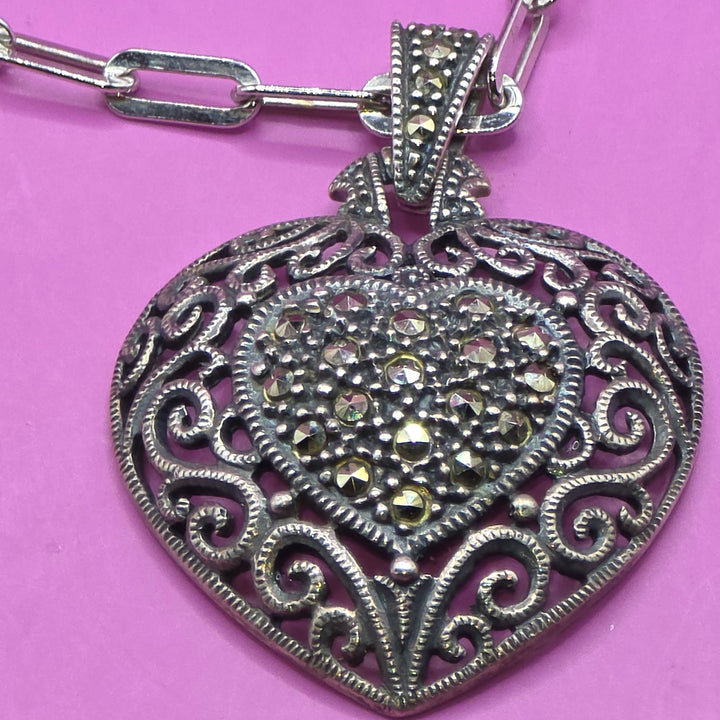 Sterling Silver Marcasite Filagree Heart Necklace