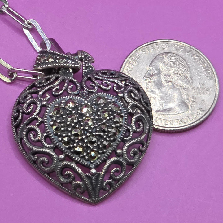Sterling Silver Marcasite Filagree Heart Necklace