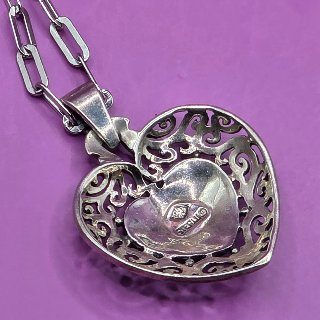 Sterling Silver Marcasite Filagree Heart Necklace