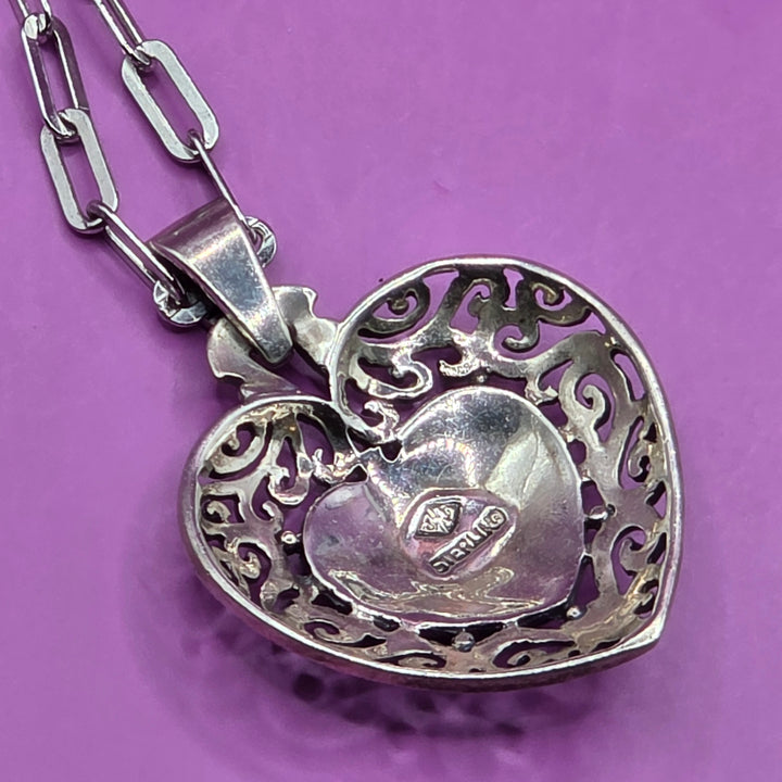 Sterling Silver Marcasite Filagree Heart Necklace