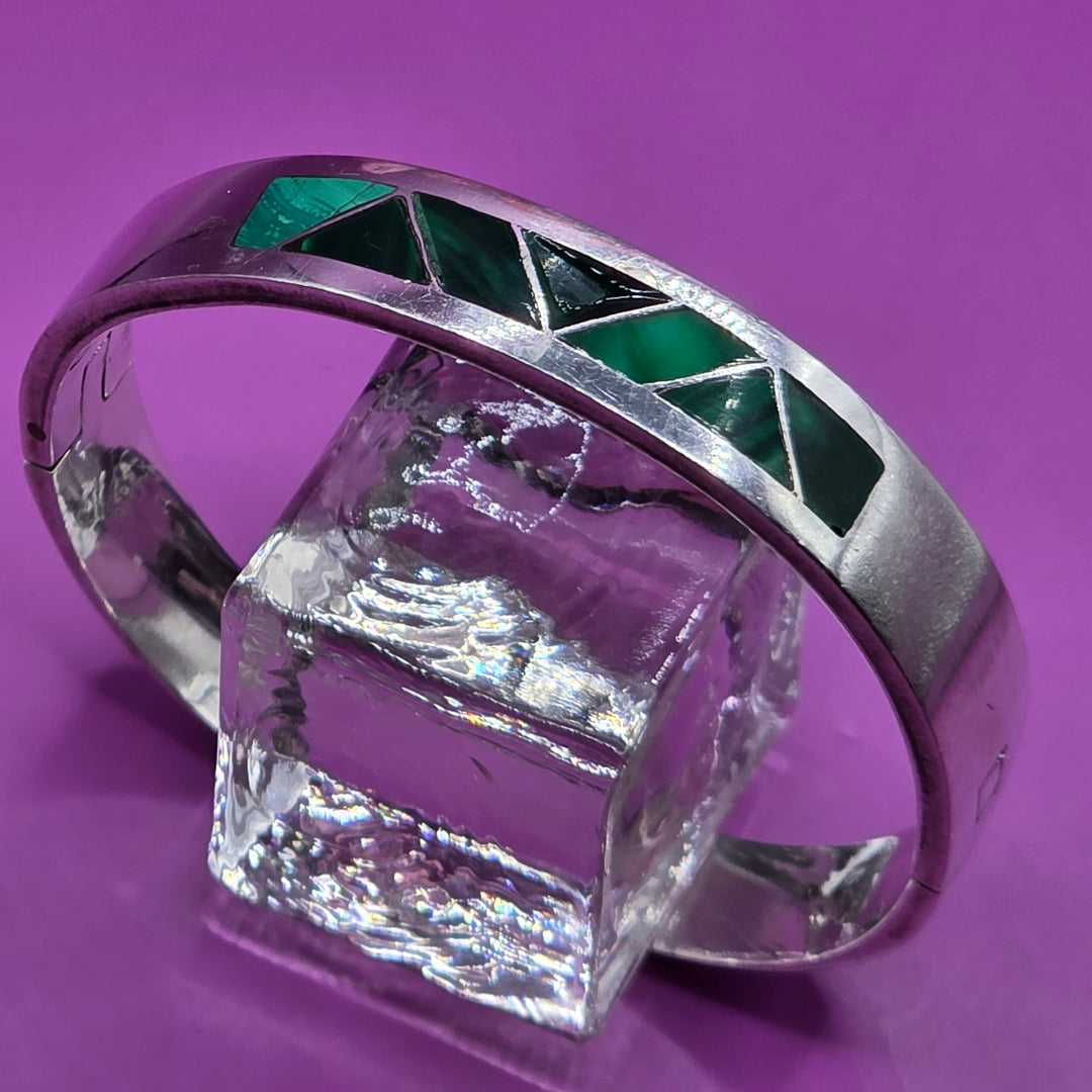 Sterling Silver & Inlaid Turquoise Geometric Bangle Bracelet