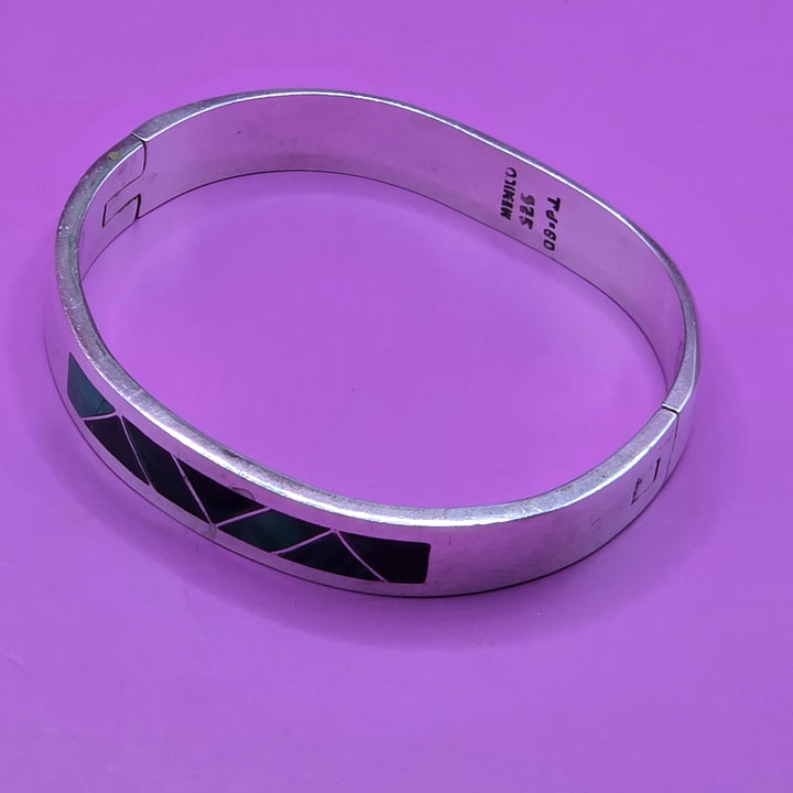 Sterling Silver & Inlaid Turquoise Geometric Bangle Bracelet