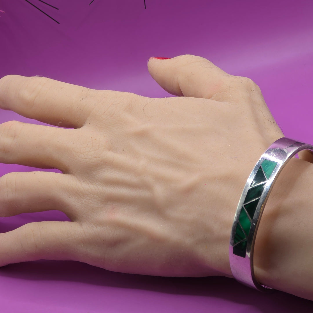 Sterling Silver & Inlaid Turquoise Geometric Bangle Bracelet