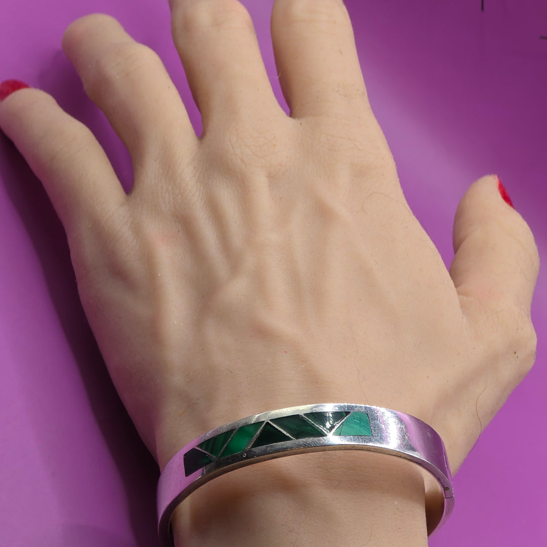 Sterling Silver & Inlaid Turquoise Geometric Bangle Bracelet