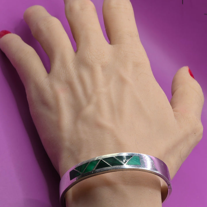 Sterling Silver & Inlaid Turquoise Geometric Bangle Bracelet