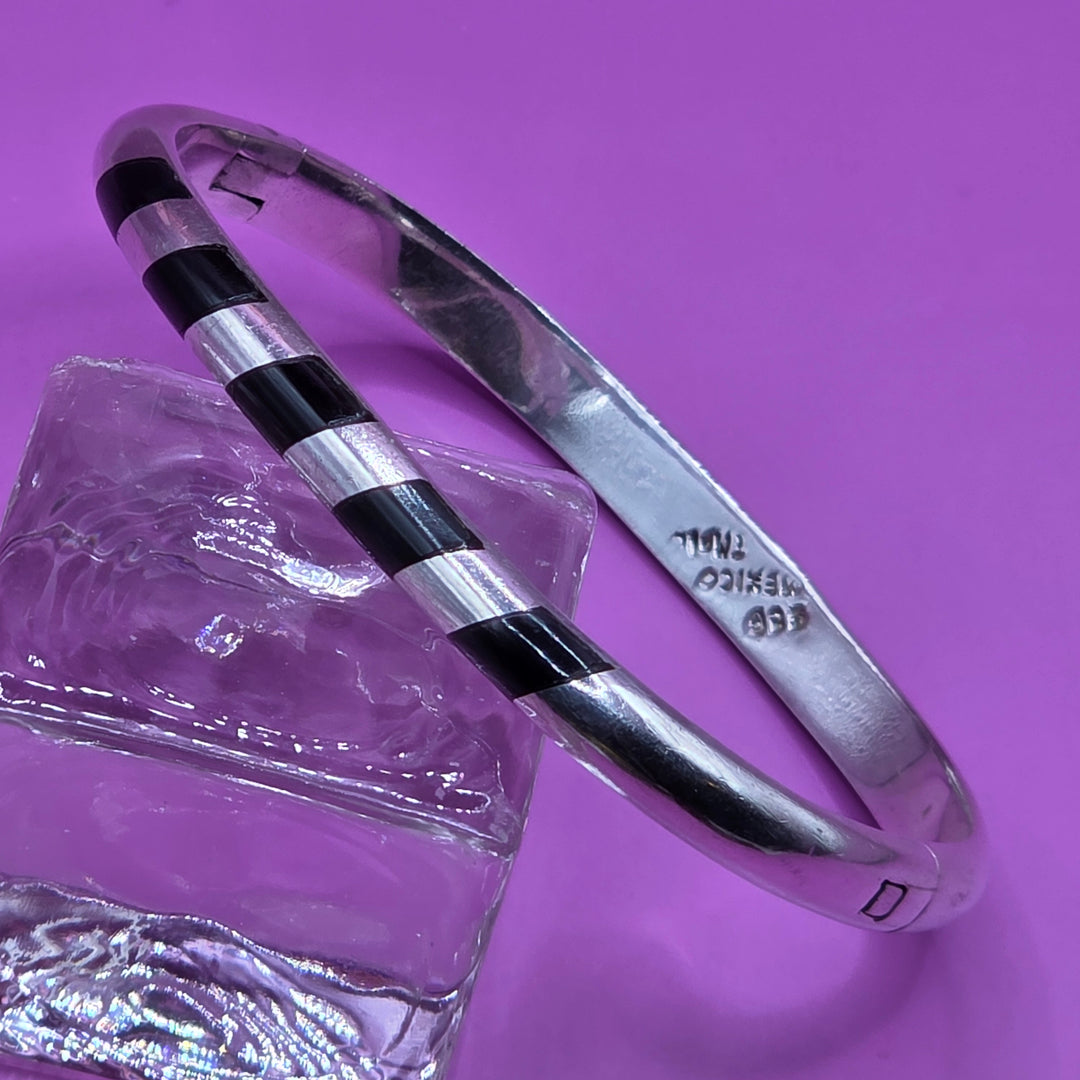 Sterling Silver & Inlaid Onyx Geometric Bangle Bracelet