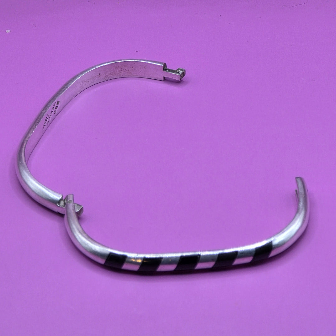 Sterling Silver & Inlaid Onyx Geometric Bangle Bracelet