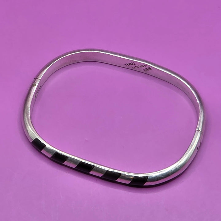 Sterling Silver & Inlaid Onyx Geometric Bangle Bracelet