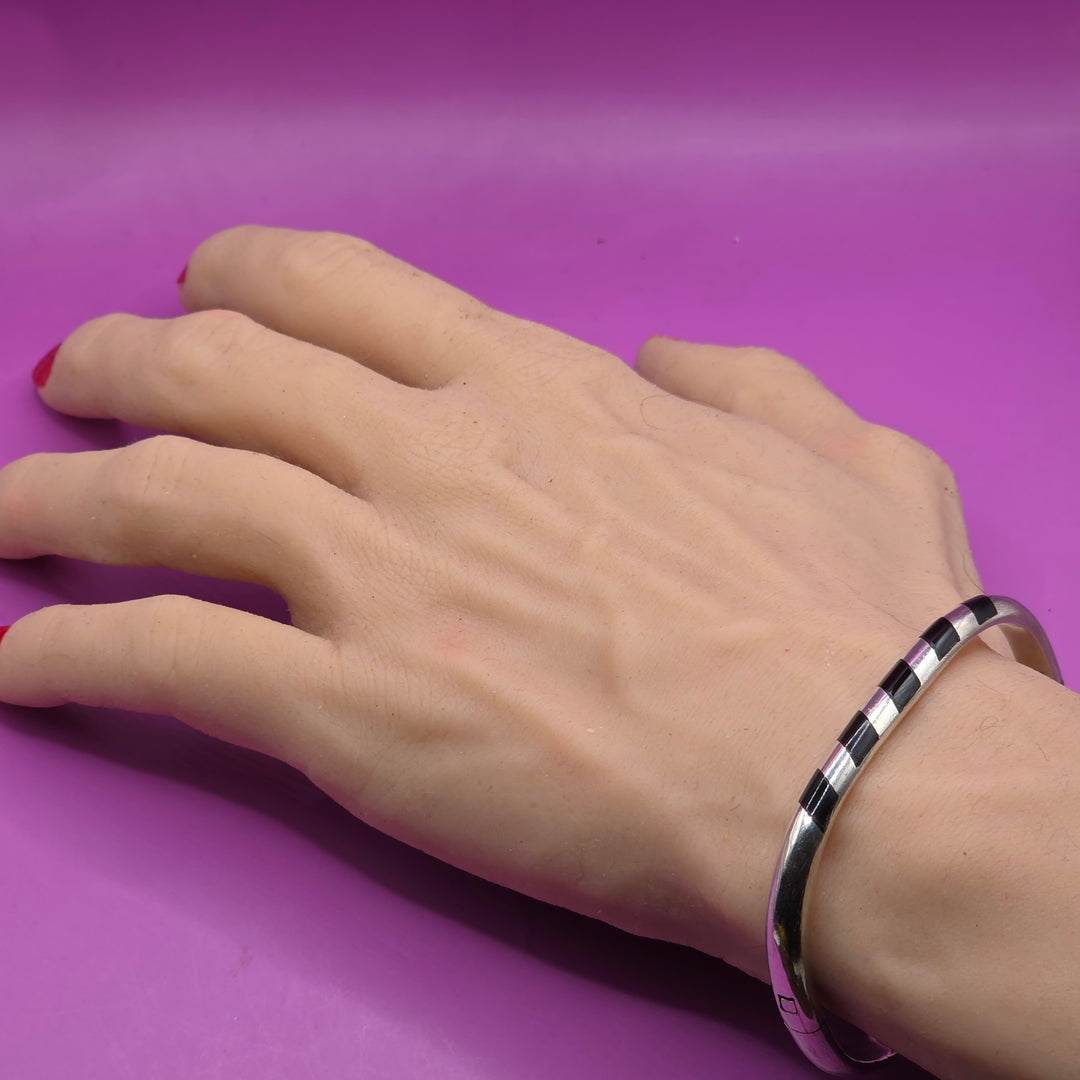 Sterling Silver & Inlaid Onyx Geometric Bangle Bracelet
