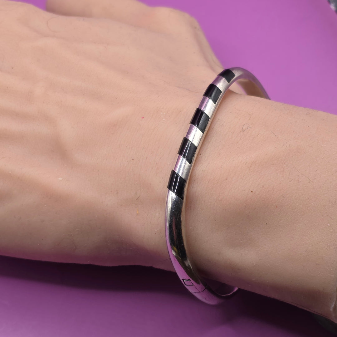 Sterling Silver & Inlaid Onyx Geometric Bangle Bracelet