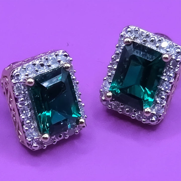14k Gold, Diamond & Emerald Cut Emerald Stud Earrings