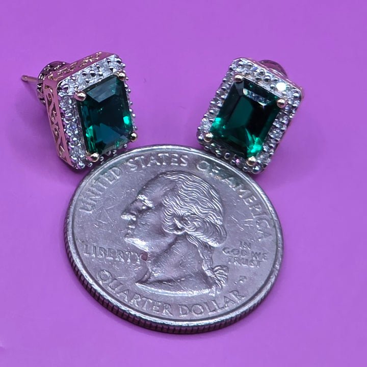 14k Gold, Diamond & Emerald Cut Emerald Stud Earrings