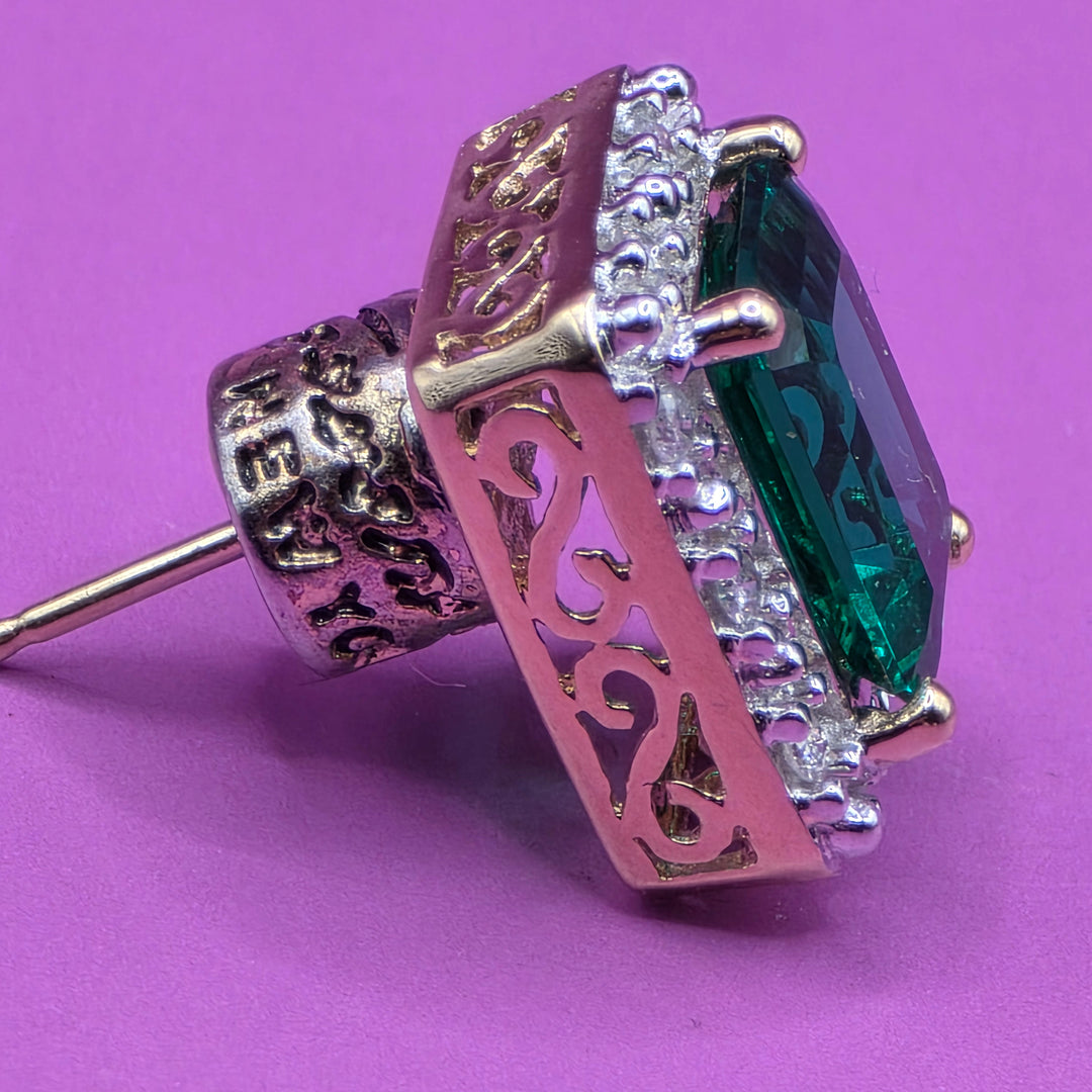 14k Gold, Diamond & Emerald Cut Emerald Stud Earrings