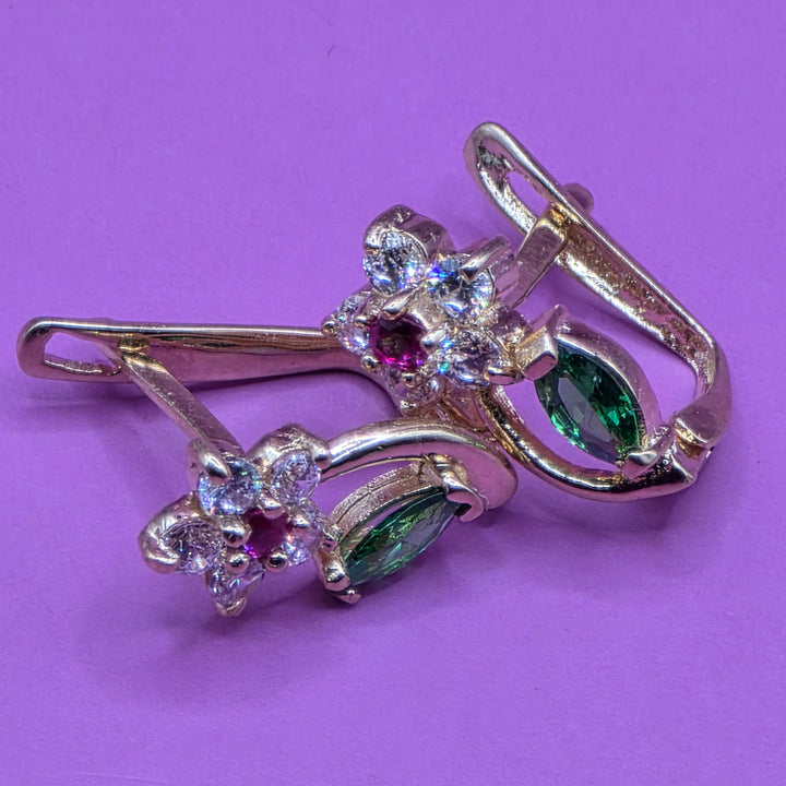 Gold, Ruby, Diamond & Emerald Raining Flower Earrings