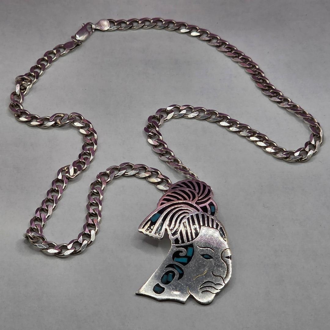 Hefty Sterling Silver Aztec Face Mask Necklace