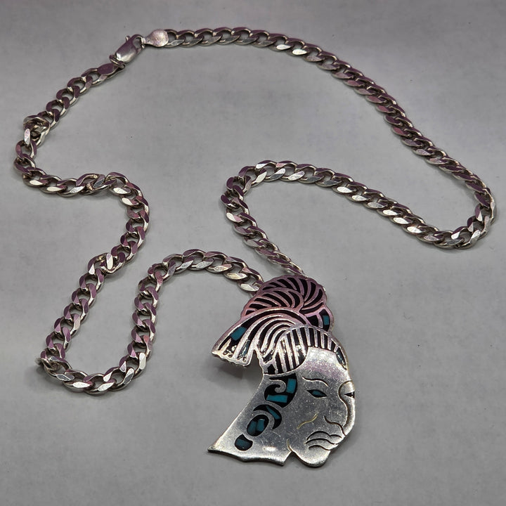 Hefty Sterling Silver Aztec Face Mask Necklace