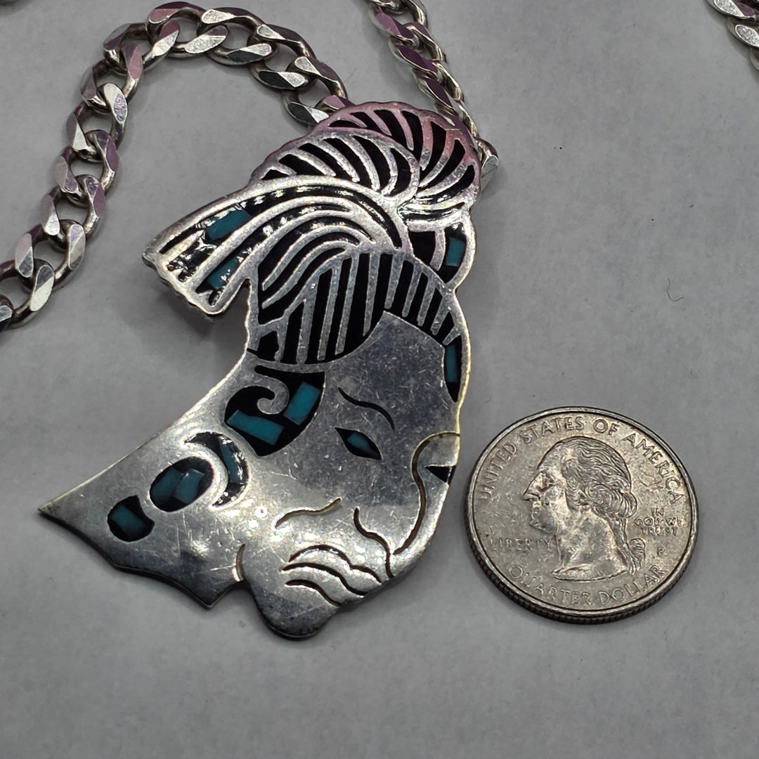Hefty Sterling Silver Aztec Face Mask Necklace