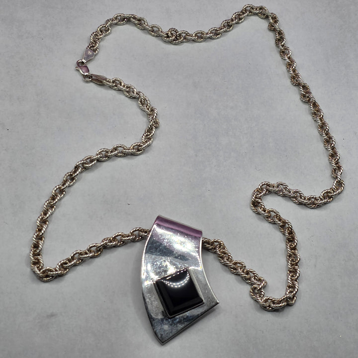 Sterling Silver & Abstract Onyx Pendant Necklace