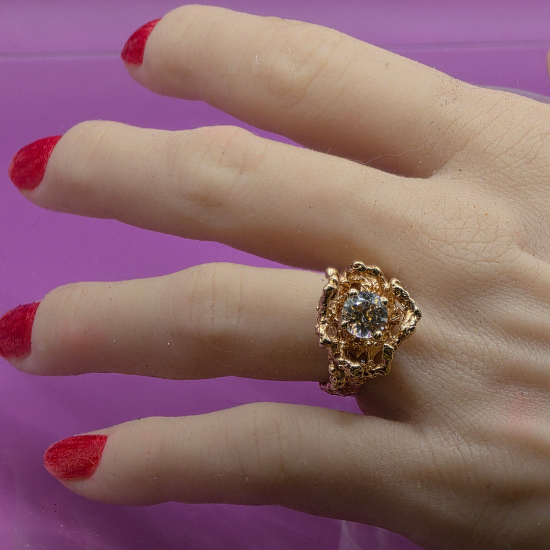 14K Gold & Simulant Round Diamond Statement Ring