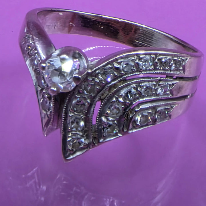 14k White Gold Chevron Pave Diamond Ring