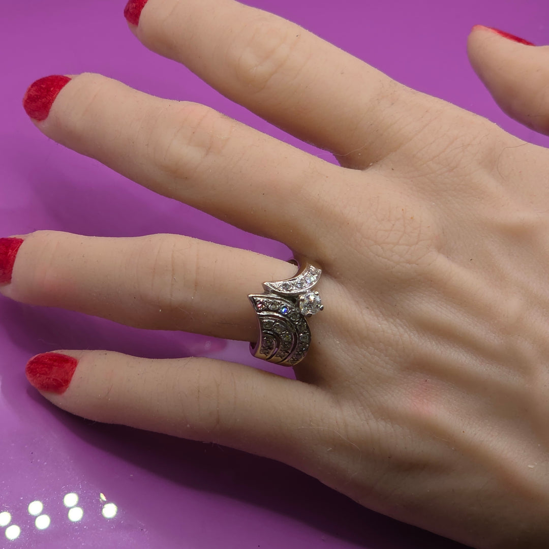 14k White Gold Chevron Pave Diamond Ring