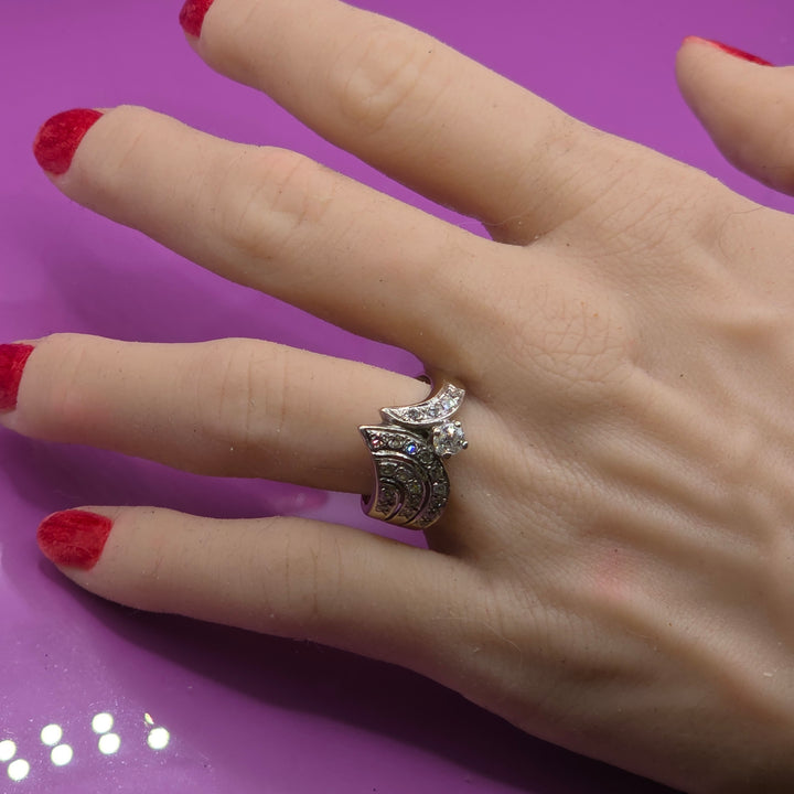 14k White Gold Chevron Pave Diamond Ring