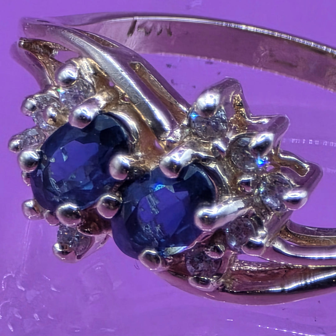 Dainty 14K Gold, Diamond & Blue Sapphire Flower Ring