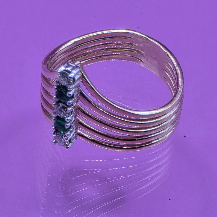 14K Gold, Diamond & Emerald Wave Multi-Band Ring