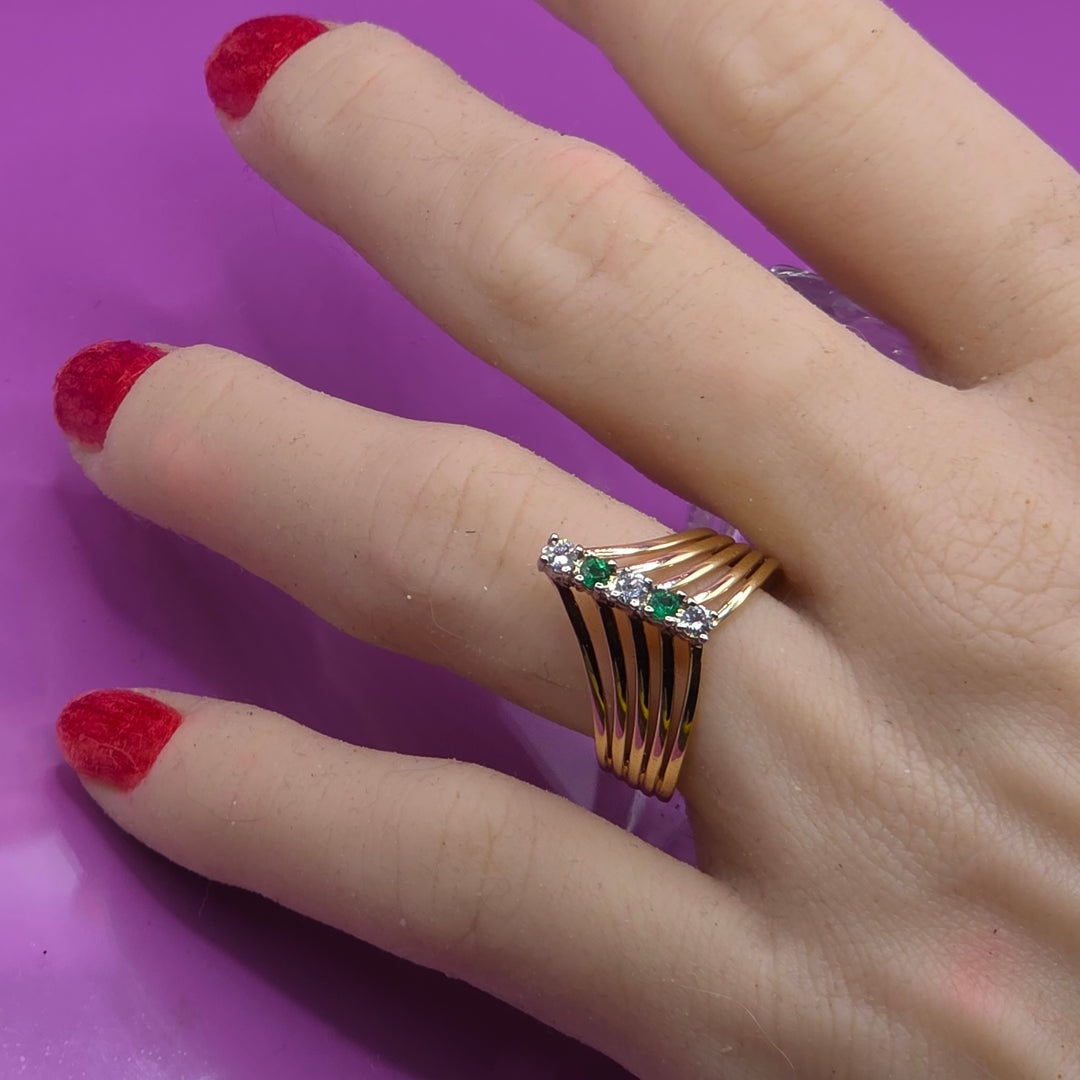 14K Gold, Diamond & Emerald Wave Multi-Band Ring