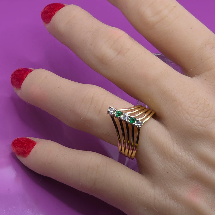 14K Gold, Diamond & Emerald Wave Multi-Band Ring