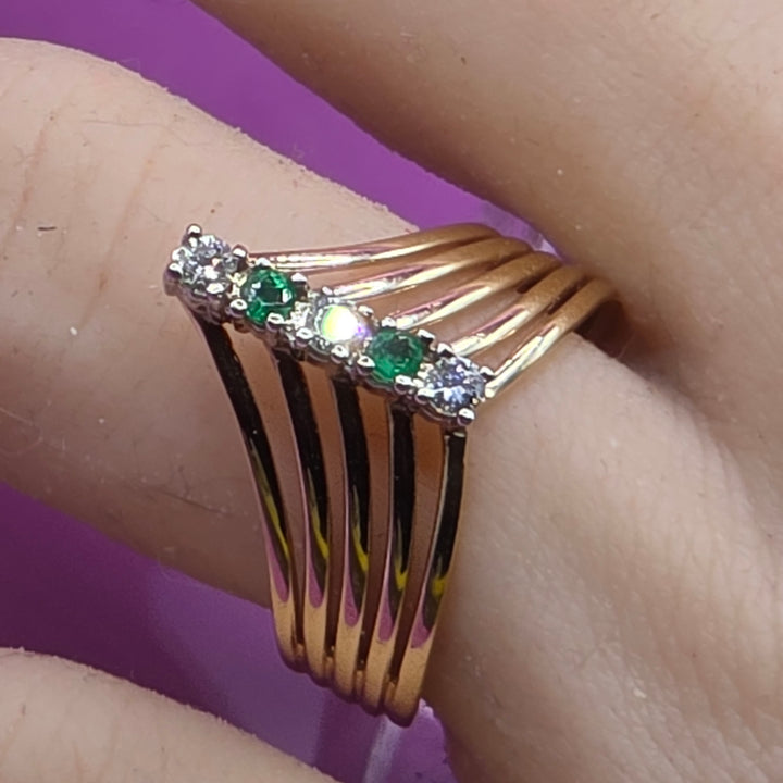 14K Gold, Diamond & Emerald Wave Multi-Band Ring