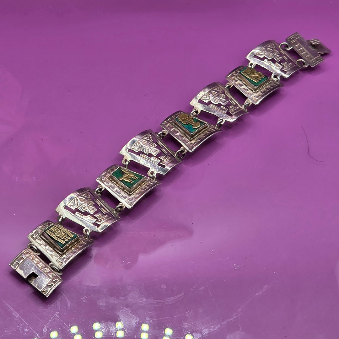 Sterling Silver Aztec Imagery Panel Bracelet