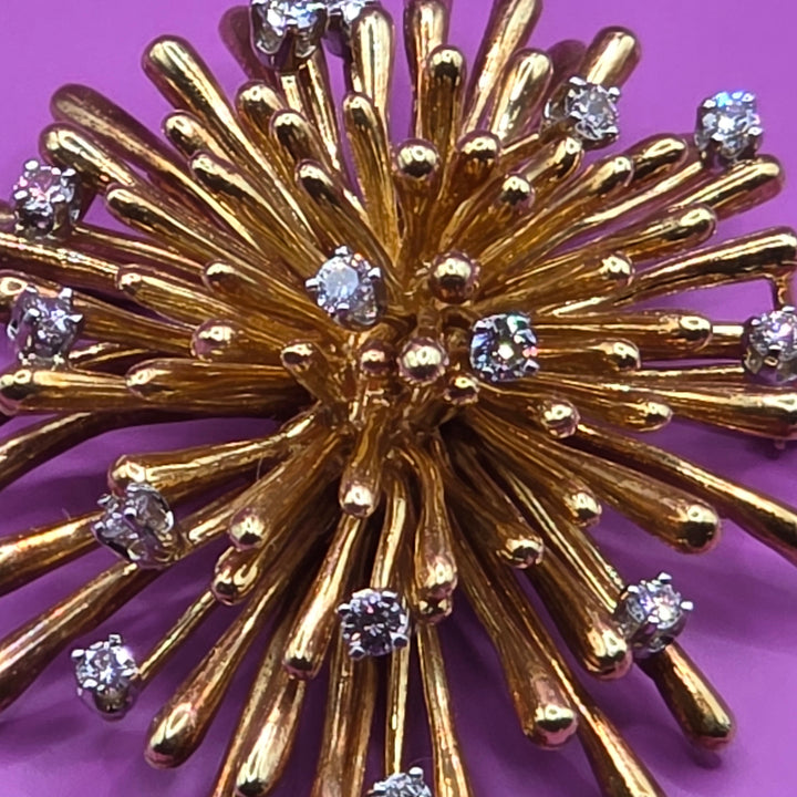 Antique 18K Gold & Diamond Starburst Brooch