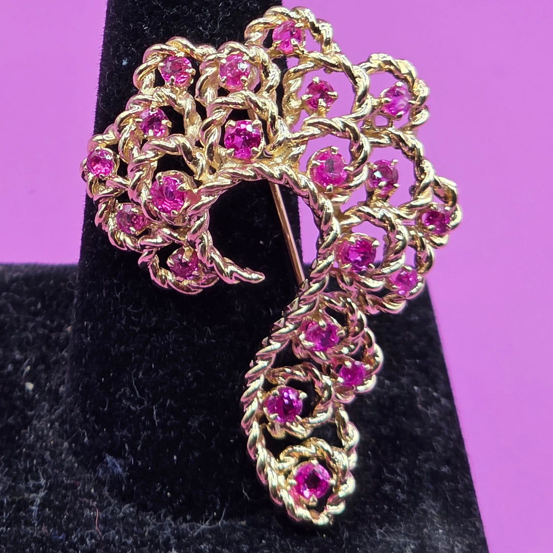 Mid-Century 14K Gold & Ruby Open Work Filigree Brooch