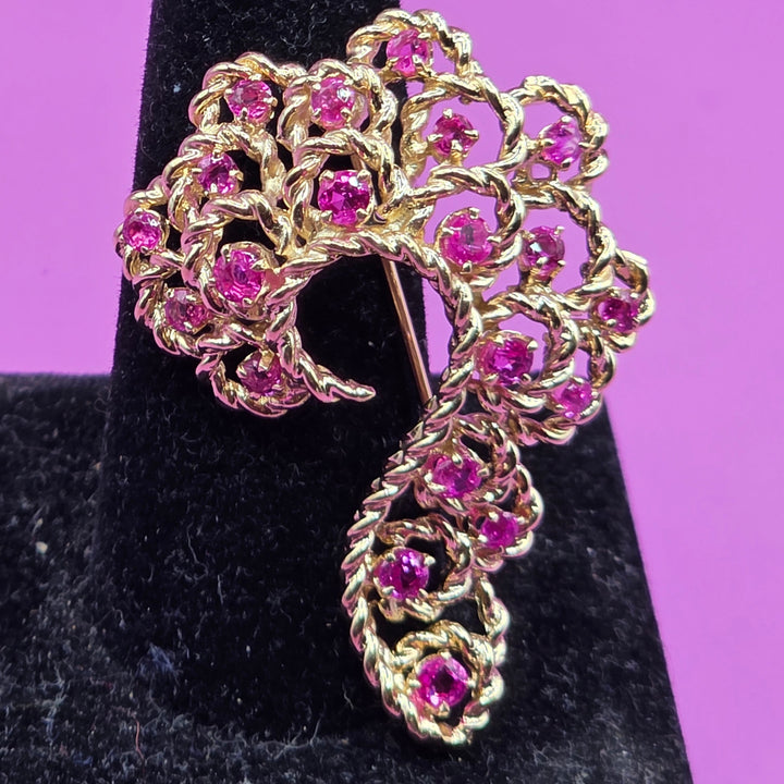 Mid-Century 14K Gold & Ruby Open Work Filigree Brooch