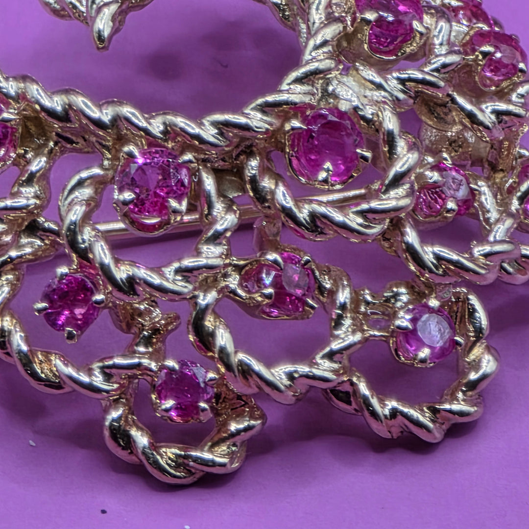 Mid-Century 14K Gold & Ruby Open Work Filigree Brooch