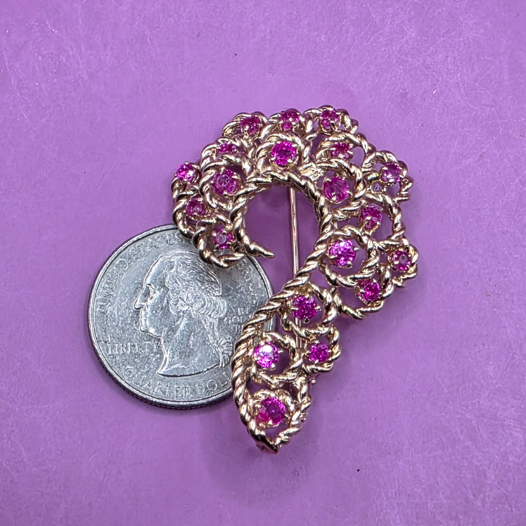 Mid-Century 14K Gold & Ruby Open Work Filigree Brooch
