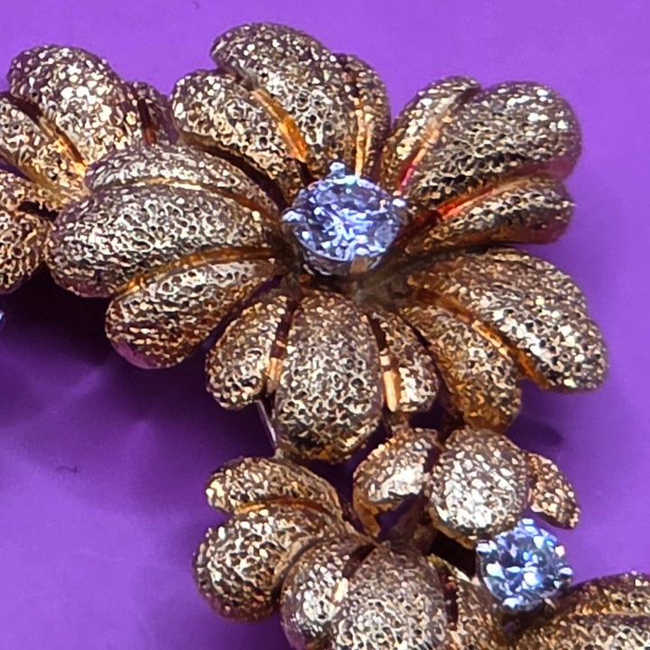 Mid-Century 18K Gold & Diamond Raining Flowers Brooch