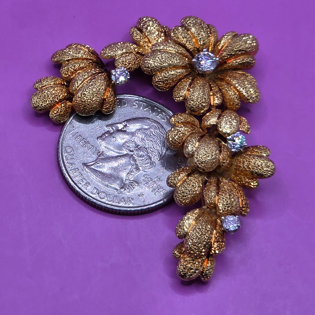 Mid-Century 18K Gold & Diamond Raining Flowers Brooch