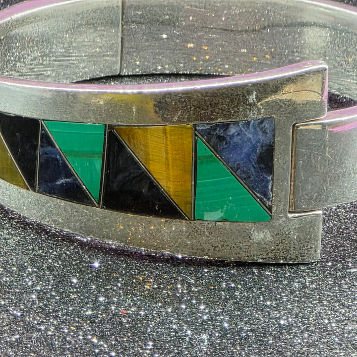 Sterling Silver & Inlaid Multi-Stone Geometric Bangle Bracelet