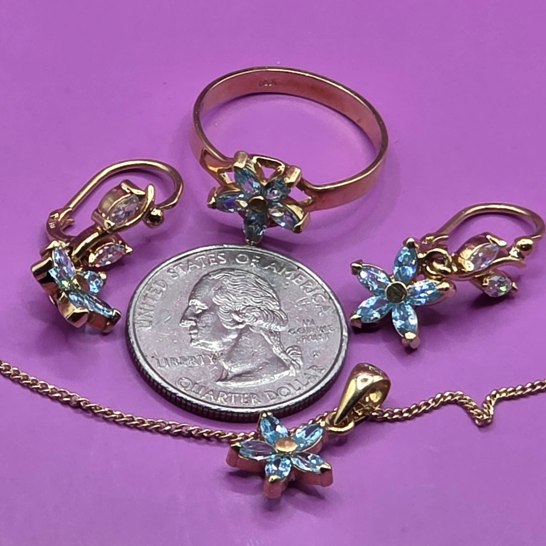 18K & 14K Gold & Colored Quartz Ring, Necklace & Earrings Set
