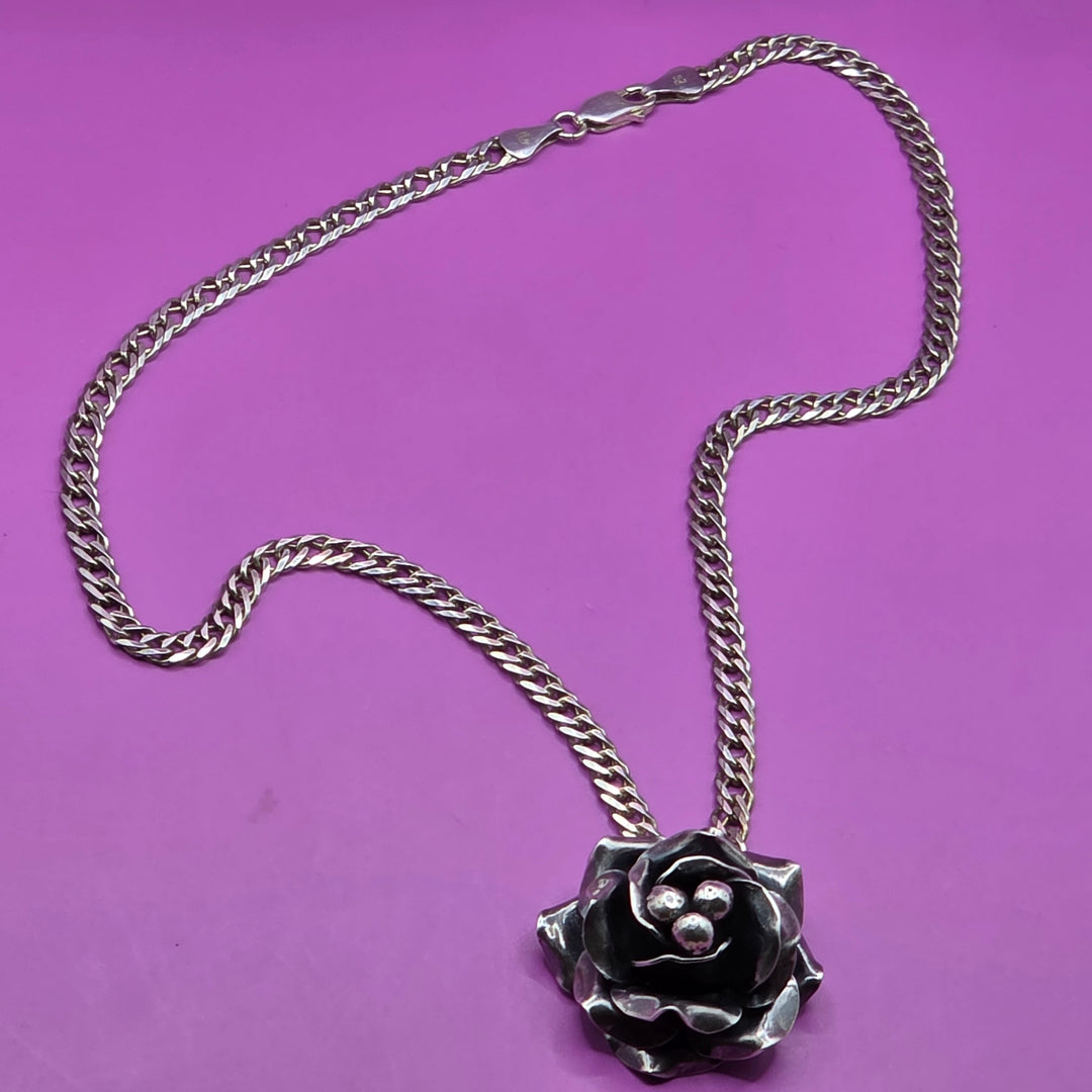 Sterling Silver 3D Mexican Rose Necklace