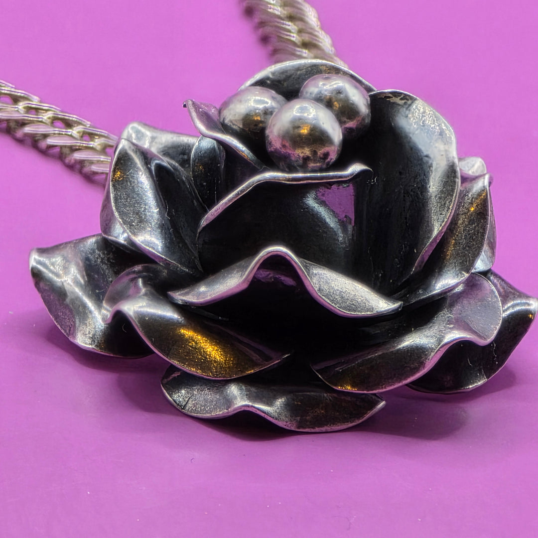 Sterling Silver 3D Mexican Rose Necklace