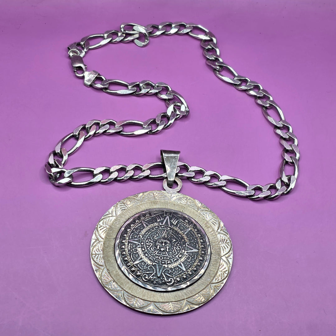 Chunky Mexican Sterling Silver Pendant Figaro Link Necklace