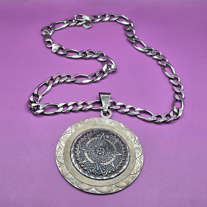 Chunky Mexican Sterling Silver Pendant Figaro Link Necklace