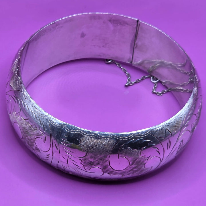 Mid-Century Sterling Silver Flora Etched Bangle Bracelet