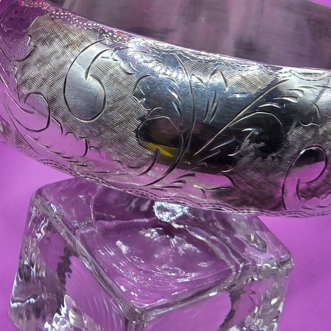 Mid-Century Sterling Silver Flora Etched Bangle Bracelet
