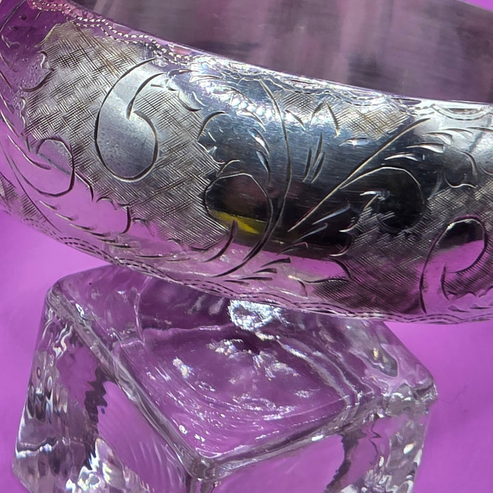 Mid-Century Sterling Silver Flora Etched Bangle Bracelet