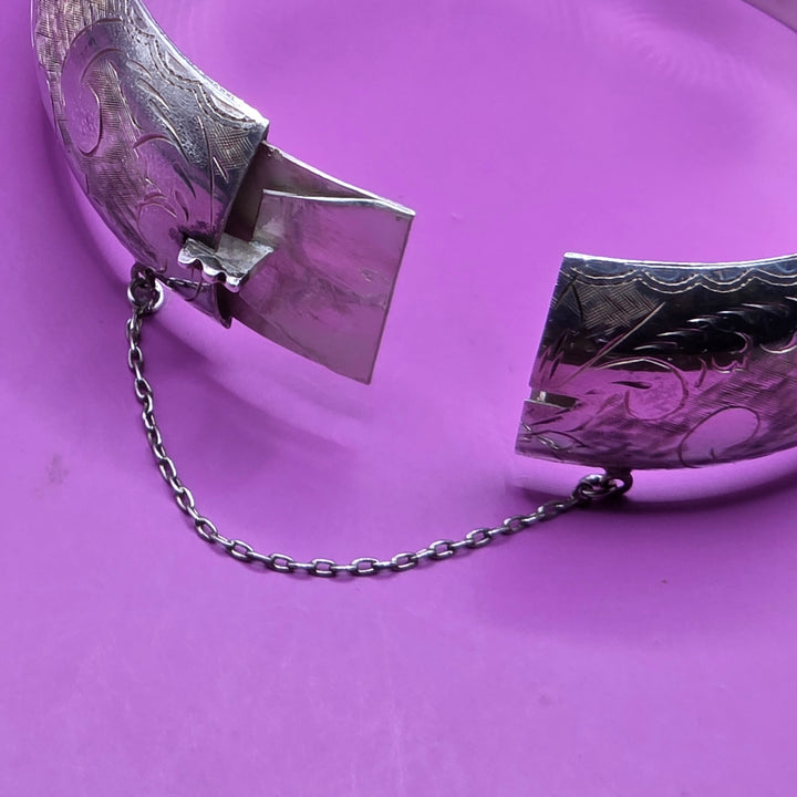 Mid-Century Sterling Silver Flora Etched Bangle Bracelet